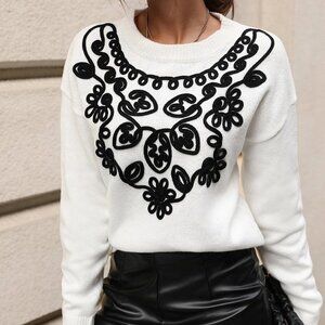 Boho White Womens Floral pattern Sweater